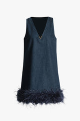 Retro Deep V Neck Sleeveless Faux Feather Trim Denim Mini Sundress