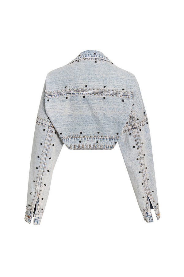 Retro Drop Shoulder Long Sleeve Open Front Studded Crop Denim Bolero Jacket