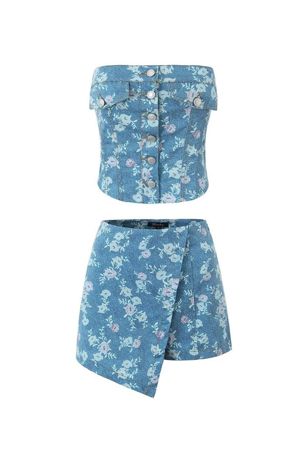 Retro Floral Button Up Tube Top High Rise Skort Two Piece Denim Mini Dress