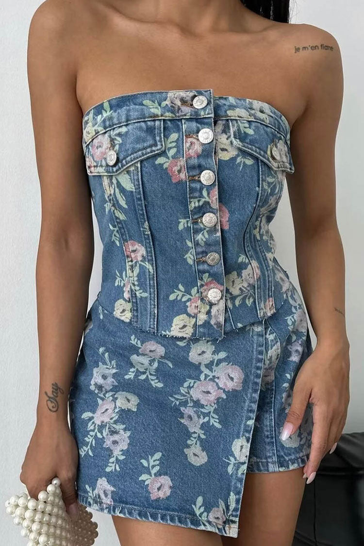 Retro Floral Button Up Tube Top High Rise Skort Two Piece Denim Mini Dress