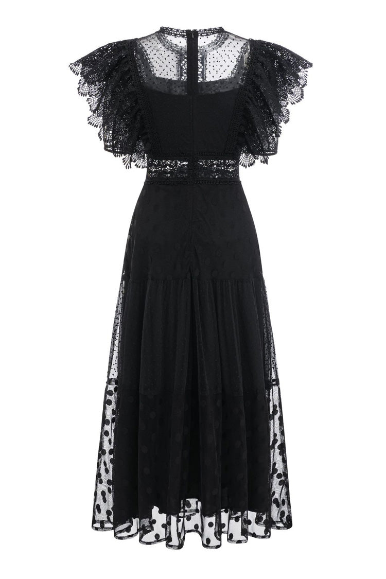 Retro Floral Embroidered Butterfly Sleeve Polka Dot Tulle Evening Maxi Dress