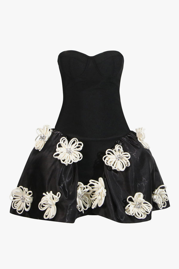 Romantic 3D Floral Bustier Strapless Bubble Hem Bandage Party Mini Dress