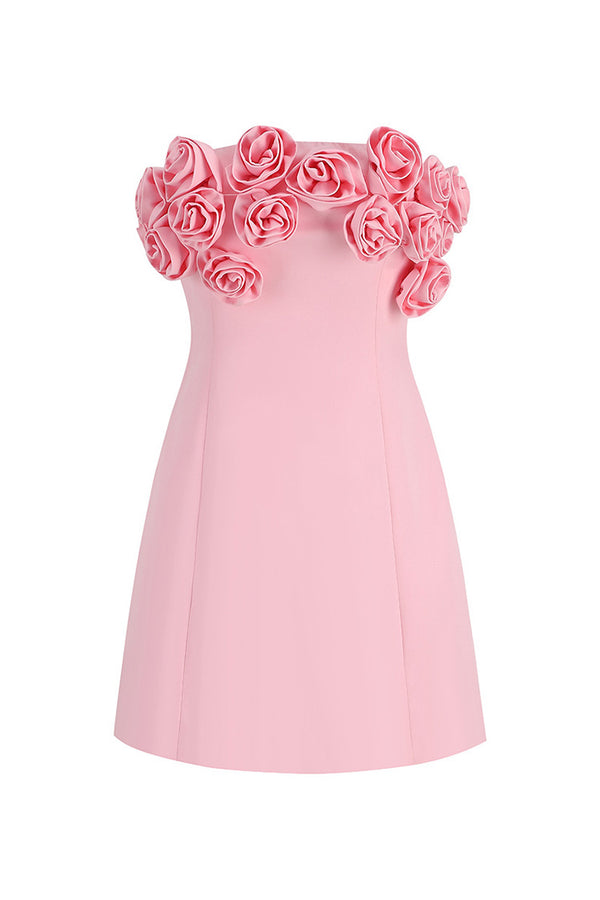 Romantic 3D Rosette Embellished Bandeau Lace Up Back Party Mini Dress