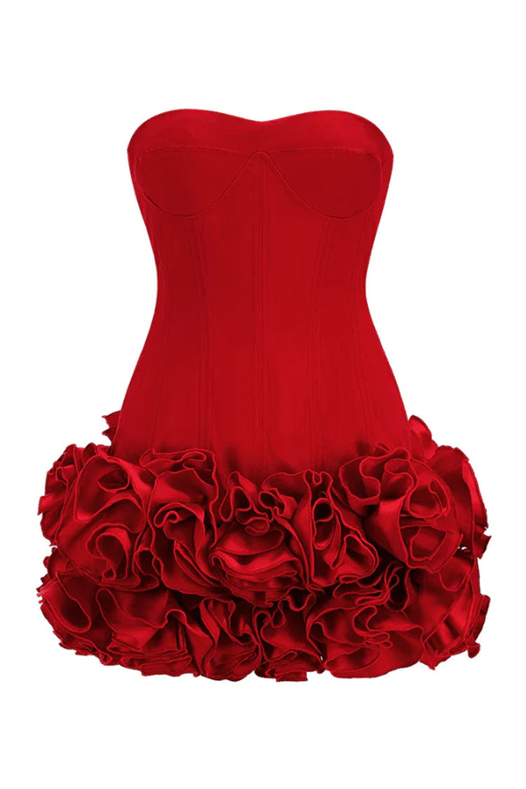 Romantic Bustier Strapless Corset Tiered Rosette Micro Mini Party Dress