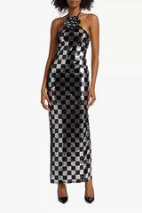 Romantic Checkered Rosette Applique Sequin Halter Evening Maxi Dress