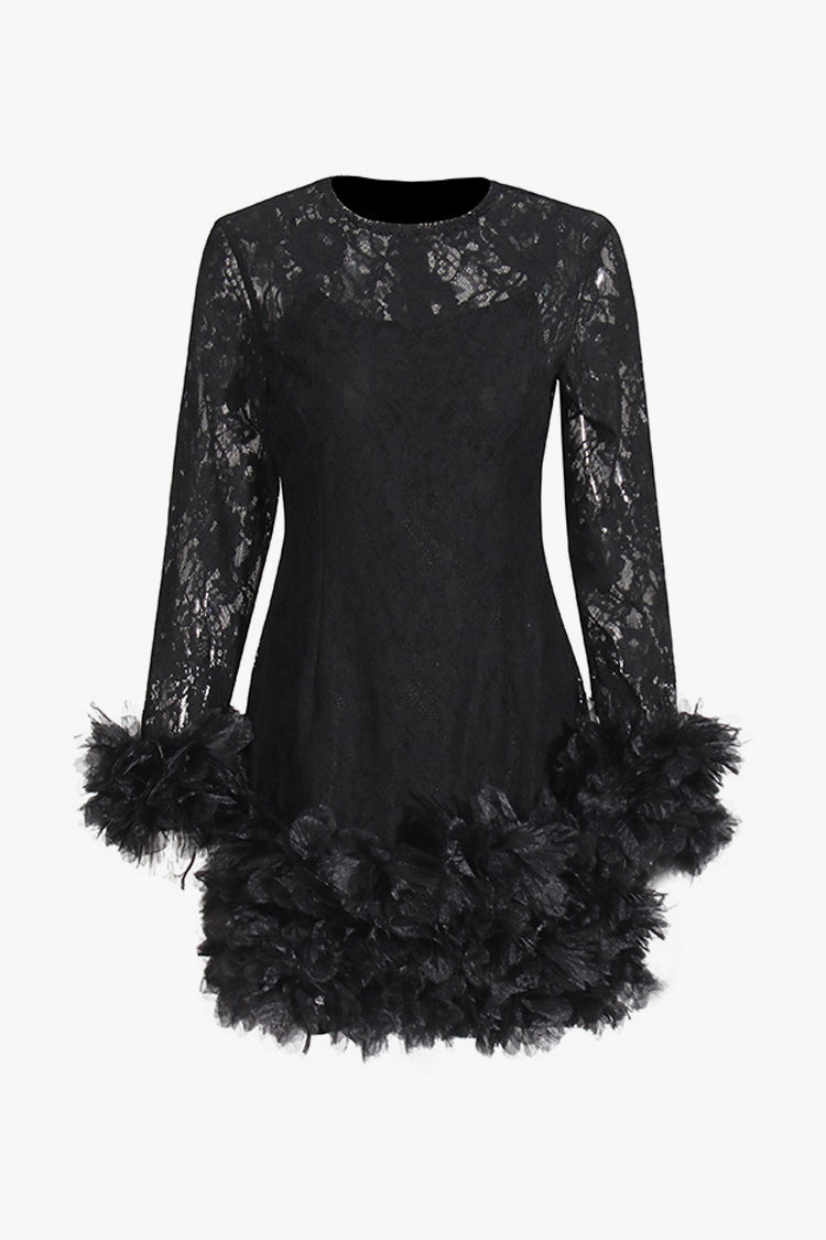 Sexy Tulle Ruffle Floral Sheer Lace Crew Neck Long Sleeve Party Mini Dress