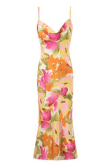 Romantic Floral Print Cowl Neck Spaghetti Strap Mermaid Midi Sundress