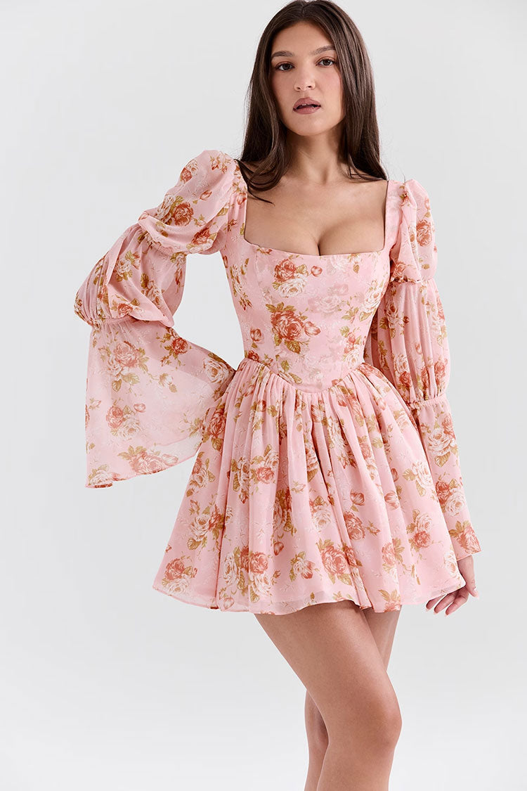 Romantic Floral Square Neck Puff Sleeve Drop Waist Chiffon Party Mini Dress