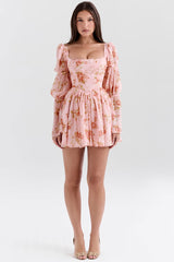 Romantic Floral Square Neck Puff Sleeve Drop Waist Chiffon Party Mini Dress