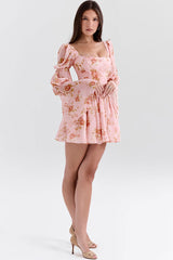 Romantic Floral Square Neck Puff Sleeve Drop Waist Chiffon Party Mini Dress