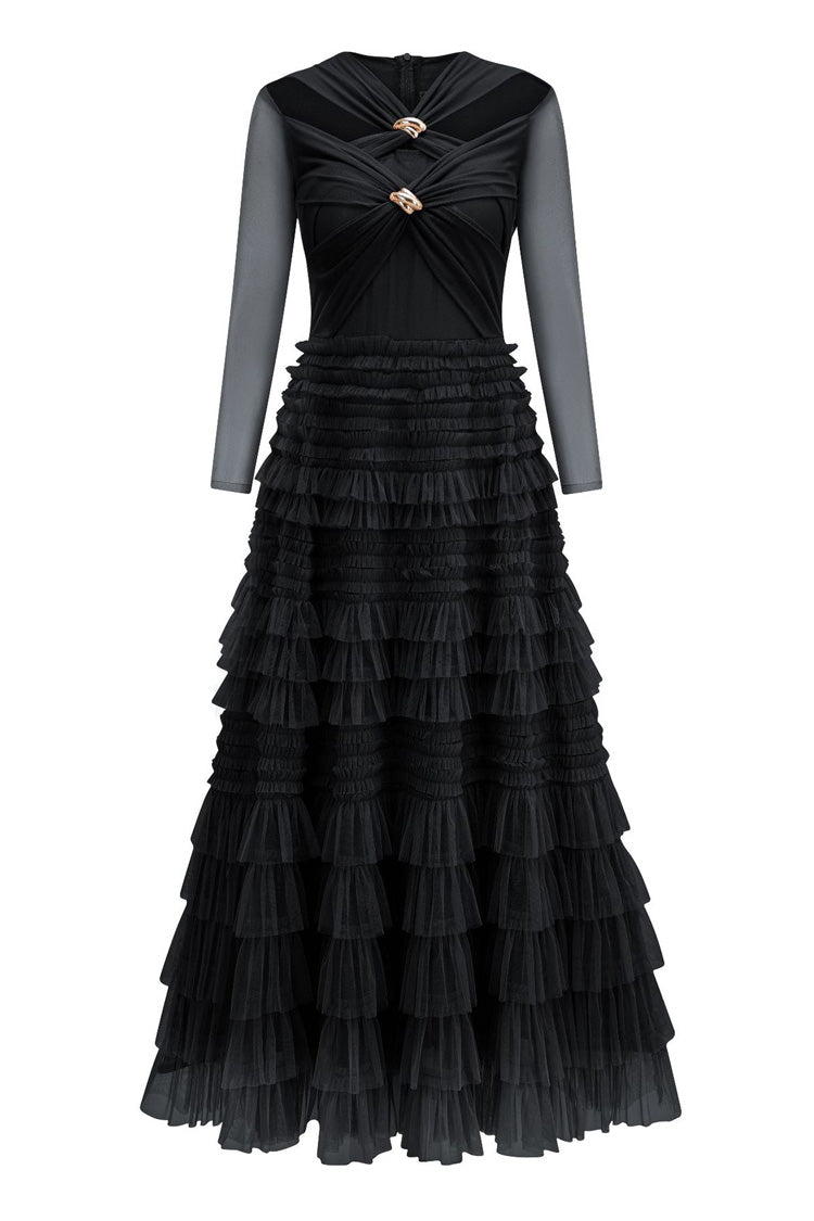 Romantic Metal Cross Cutout Fit & Flare Ruffle Tiered Tulle Formal Maxi Dress