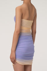 Romantic Ombre Tie Dye Strapless Ruched Bodycon Mesh Party Mini Dress