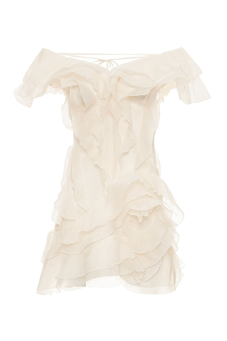 Romantic Plunge Off Shoulder Ruffle Rosette Tiered Party Micro Mini Dress