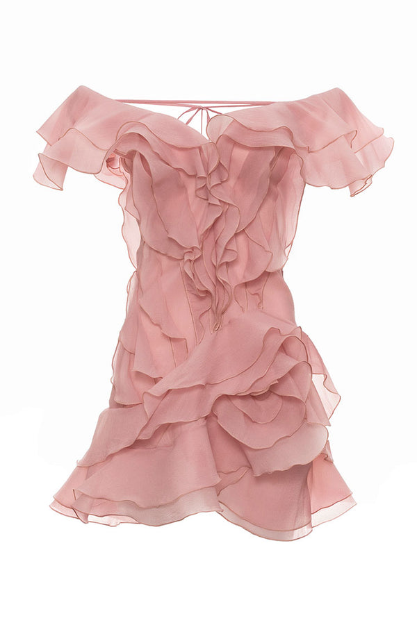 Romantic Plunge Off Shoulder Ruffle Rosette Tiered Party Micro Mini Dress