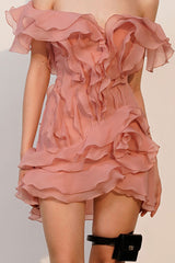 Romantic Plunge Off Shoulder Ruffle Rosette Tiered Party Micro Mini Dress