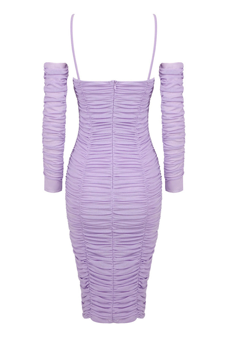 Romantic Rosette Sheer Sleeve Mesh Bodycon Ruched Cocktail Midi Dress