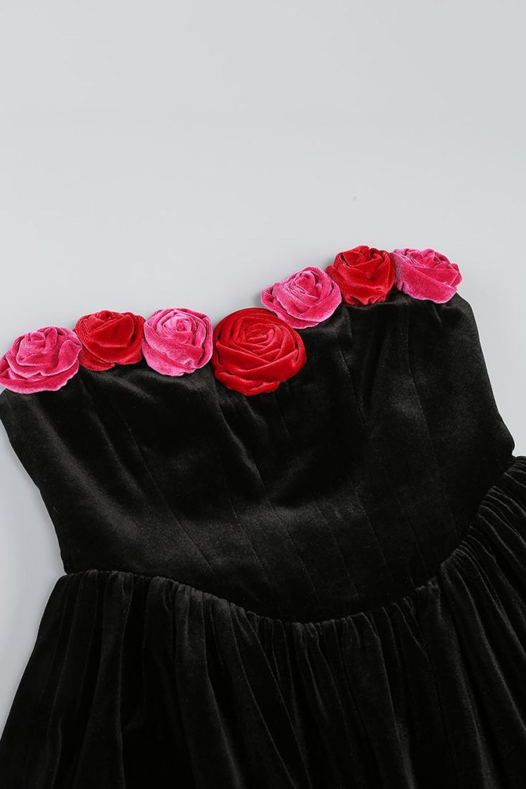 Romantic Rosette Strapless Drop Waist Fit and Flare Velvet Party Mini Dress