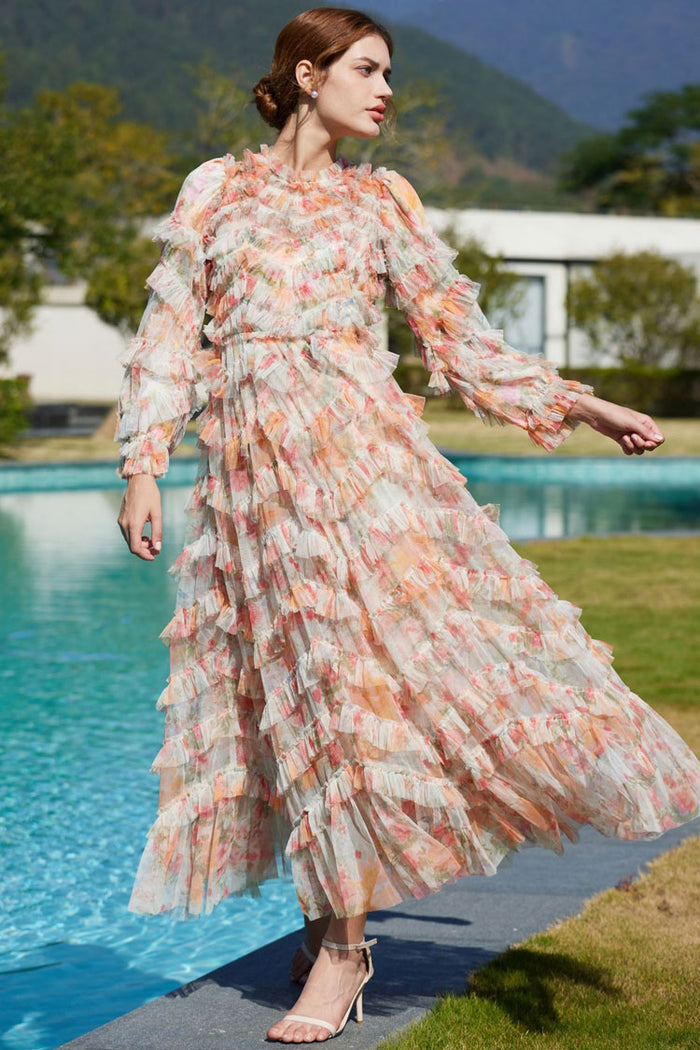 Romantic Ruffle Neck Long Sleeve Floral Tulle Layered Evening Maxi Dress -  Orange