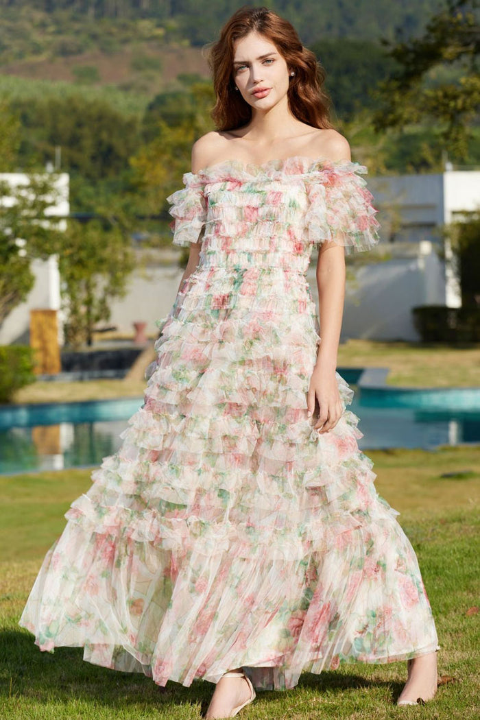 Romantic Ruffle Off Shoulder Floral Printed Tulle Evening Maxi Dress Rosedress