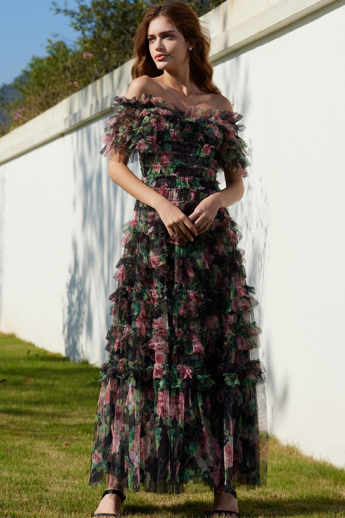 Romantic Ruffle Off Shoulder Floral Printed Tulle Evening Maxi Dress - –  Rosedress