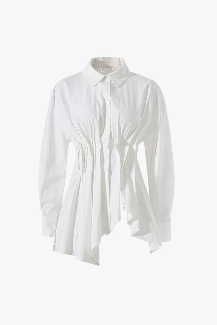 Sculptural Collared Long Sleeve Button Down Cinch Waist Pleated Shirt