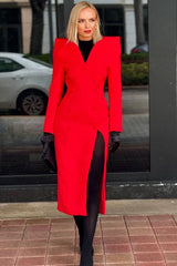 Sculptural Collarless Plunge Double Breasted Long Sleeve Blazer Midi Dress