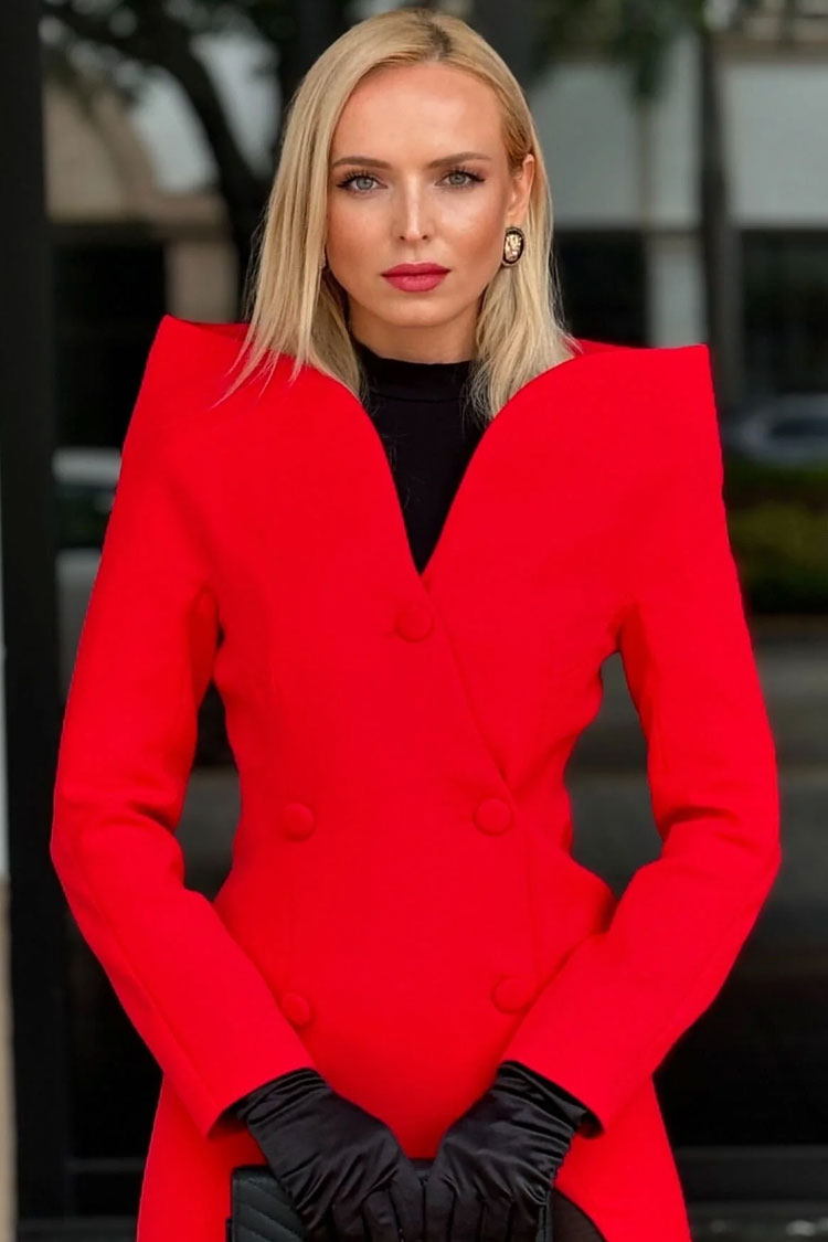 Sculptural Collarless Plunge Double Breasted Long Sleeve Blazer Midi Dress