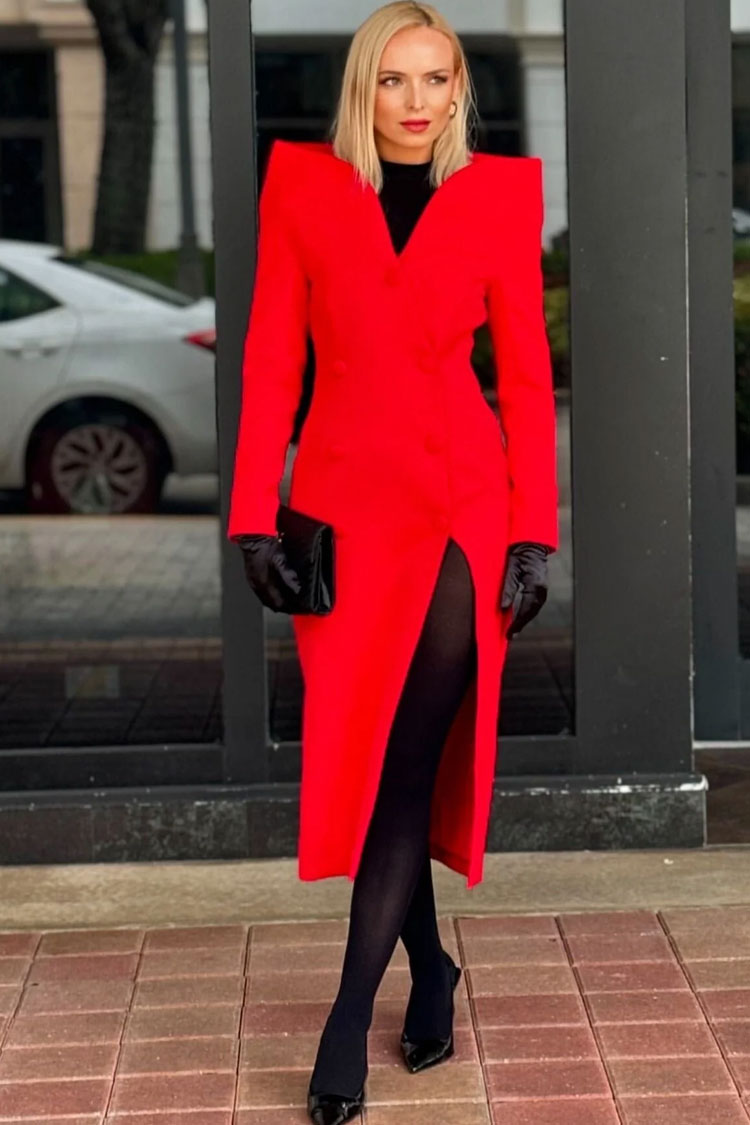 Sculptural Collarless Plunge Double Breasted Long Sleeve Blazer Midi Dress