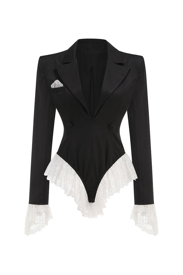 Sculptural Padded Shoulder Lapel Long Sleeve Ruffle Lace Blazer Bodysuit