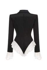 Sculptural Padded Shoulder Lapel Long Sleeve Ruffle Lace Blazer Bodysuit