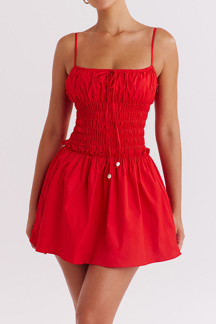 Sexy Bow Tie Ruched Scoop Smocked Drop Waist Summer Mini Sundress