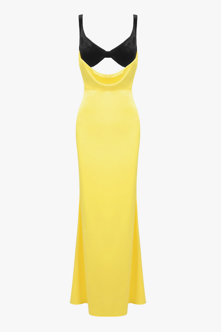 Sexy Bustier Bra Cutout Velvet Contrast Satin Sleeveless Evening Maxi Dress