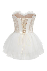 Sexy Bustier Strapless Laced Corset Tiered Ruffle Tulle Party Micro Mini Dress