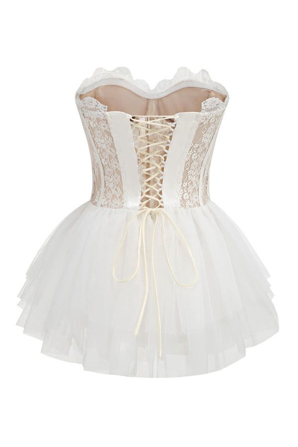 Sexy Bustier Strapless Laced Corset Tiered Ruffle Tulle Party Micro Mini Dress