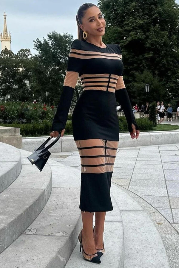 Sexy Crew Neck Long Sleeve Sheer Mesh Panel Bandage Cocktail Midi Dress