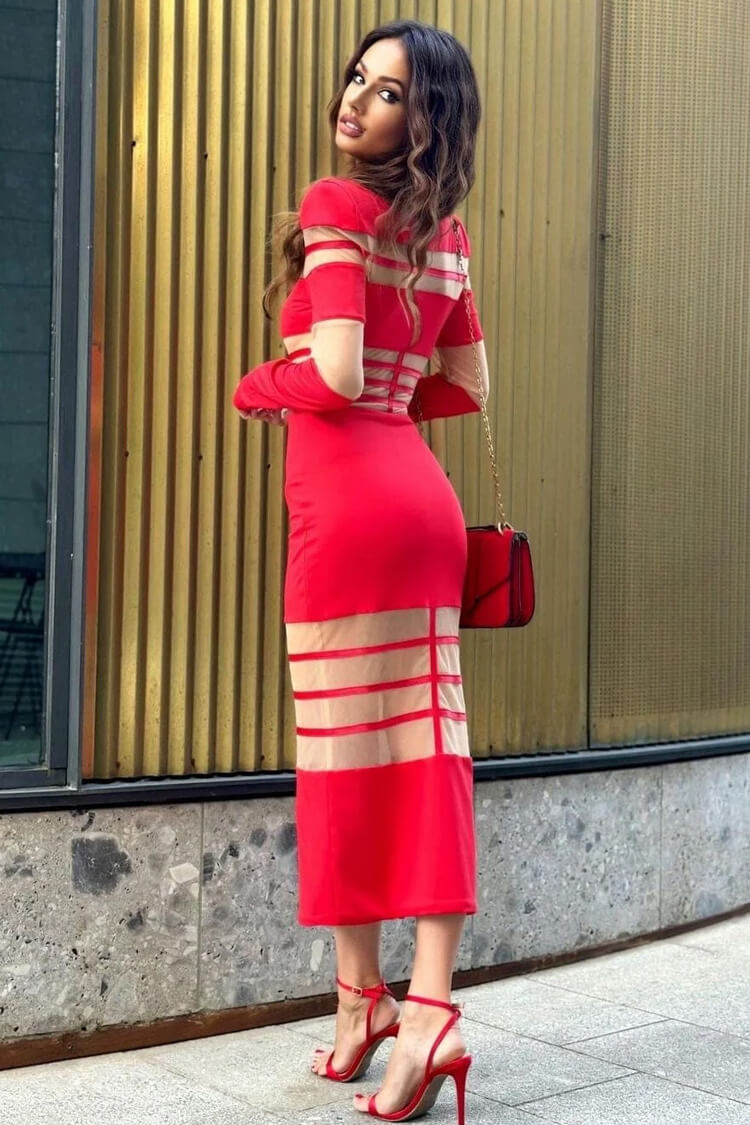 Sexy Crew Neck Long Sleeve Sheer Mesh Panel Bandage Cocktail Midi Dress