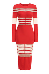 Sexy Crew Neck Long Sleeve Sheer Mesh Panel Bandage Cocktail Midi Dress