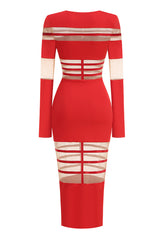 Sexy Crew Neck Long Sleeve Sheer Mesh Panel Bandage Cocktail Midi Dress