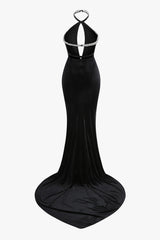 Sexy Crystal Braided Halter Cutout Ruched Backless Evening Maxi Dress