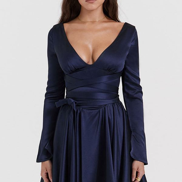 Sexy Deep V Long Sleeve Wrap Tie Waist Silky Satin Party Mini Dress - Navy  Blue