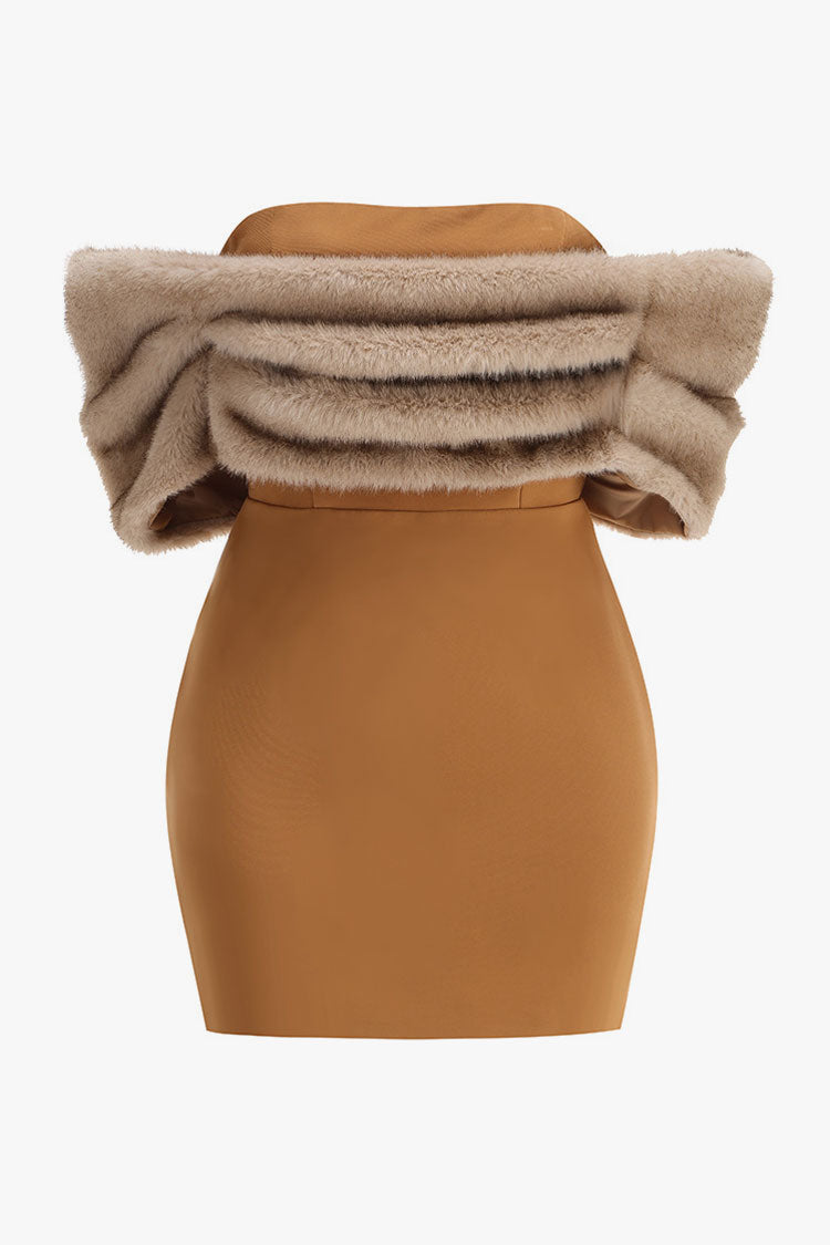 Sexy Faux Fur Ruched Off The Shoulder Contrast Bodycon Party Mini Dress