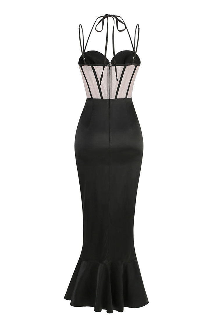 Sexy Floral Applique Bustier Sheer Corset Ruffle Satin Fishtail Cocktail Midi Dress