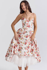 Sexy Floral Corset Bustier Fit & Flare Tulle Pocket Vacation Midi Sundress