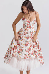 Sexy Floral Corset Bustier Fit & Flare Tulle Pocket Vacation Midi Sundress