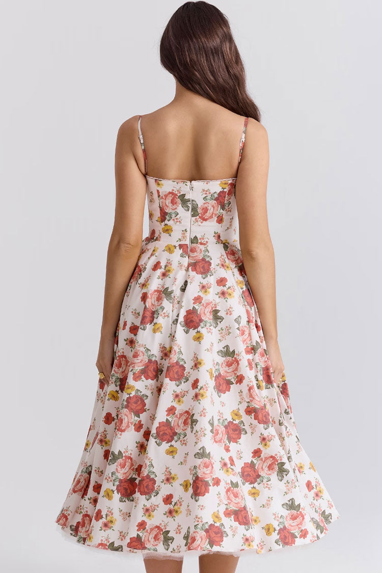 Sexy Floral Corset Bustier Fit & Flare Tulle Pocket Vacation Midi Sundress