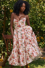 Sexy Floral Corset Bustier Fit & Flare Tulle Pocket Vacation Midi Sundress