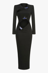 Sexy Floral Cutout Metallic Gem Long Sleeve Ribbed Evening Maxi Dress