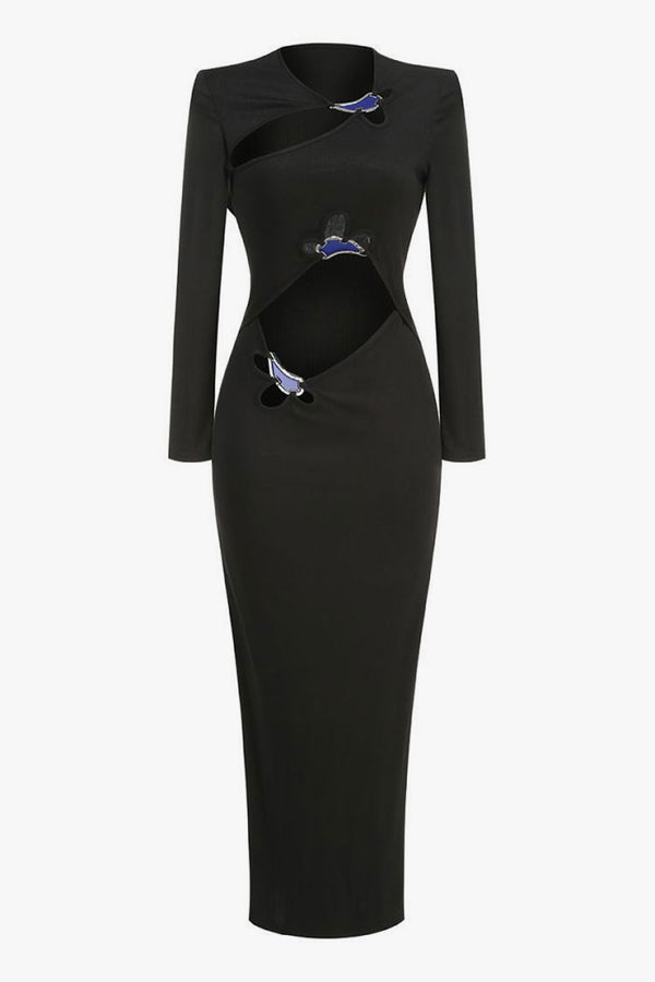 Sexy Floral Cutout Metallic Gem Long Sleeve Ribbed Evening Maxi Dress