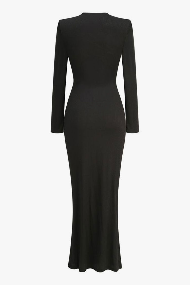 Sexy Floral Cutout Metallic Gem Long Sleeve Ribbed Evening Maxi Dress