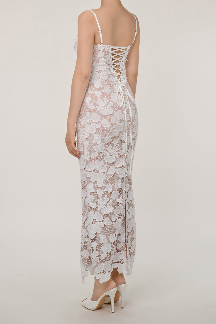 Sexy Floral Embroidered Lace Bustier Lace Up Sleeveless Evening Maxi Dress